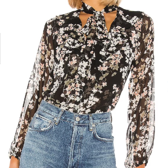NWT MISA Patia Black Floral Sheer Long Sleeve Tie Neck Blouse Size Small - Picture 2 of 7